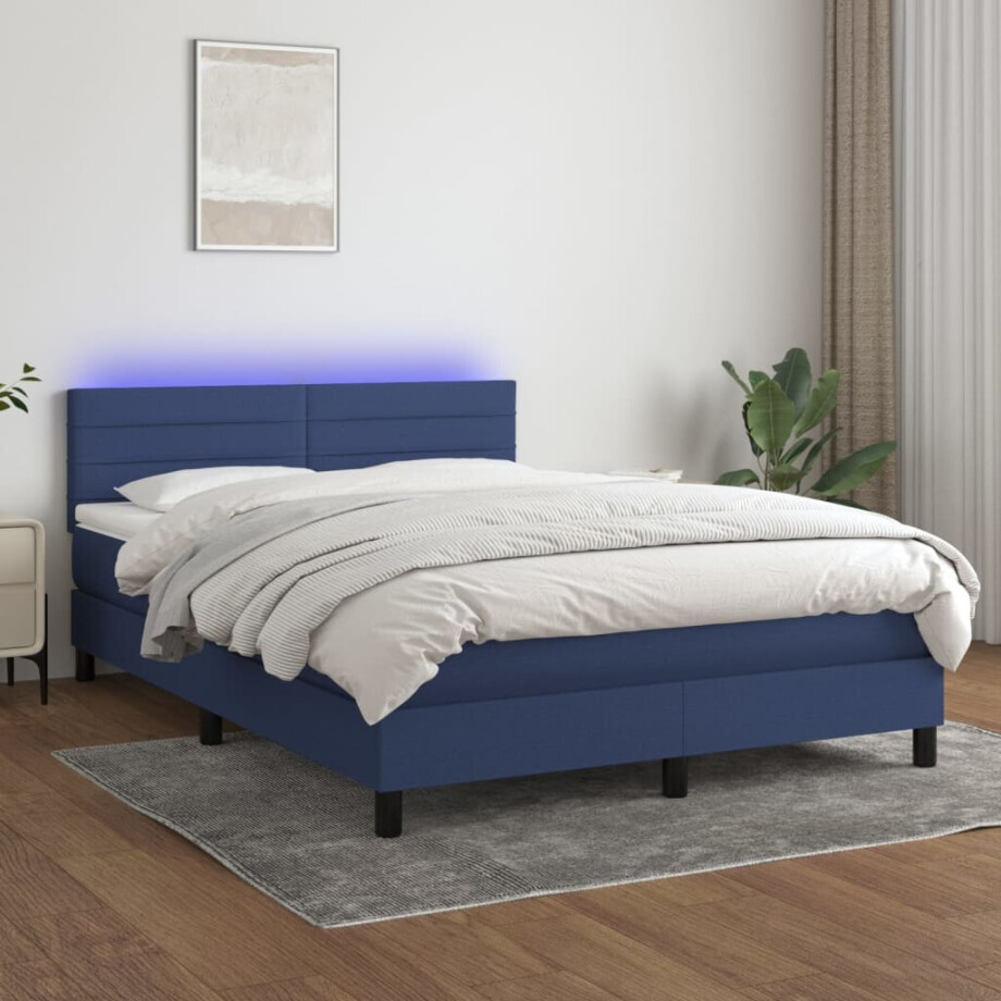 vidaXL Boxspring met matras en LED stof blauw 140x200 cm afbeelding 1
