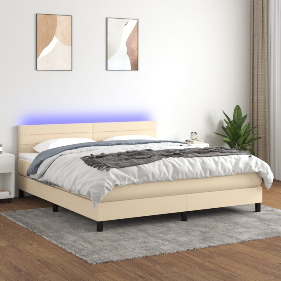 vidaXL Boxspring met matras en LED stof crèmekleurig 160x200 cm afbeelding 1
