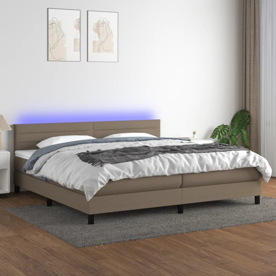 vidaXL Boxspring met matras en LED stof taupe 200x200 cm afbeelding 1
