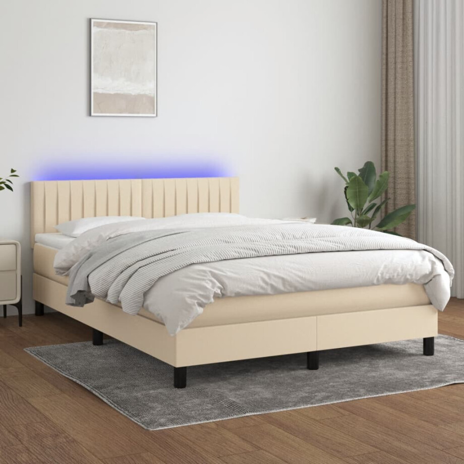vidaXL Boxspring met matras en LED stof crèmekleurig 140x200 cm afbeelding 1