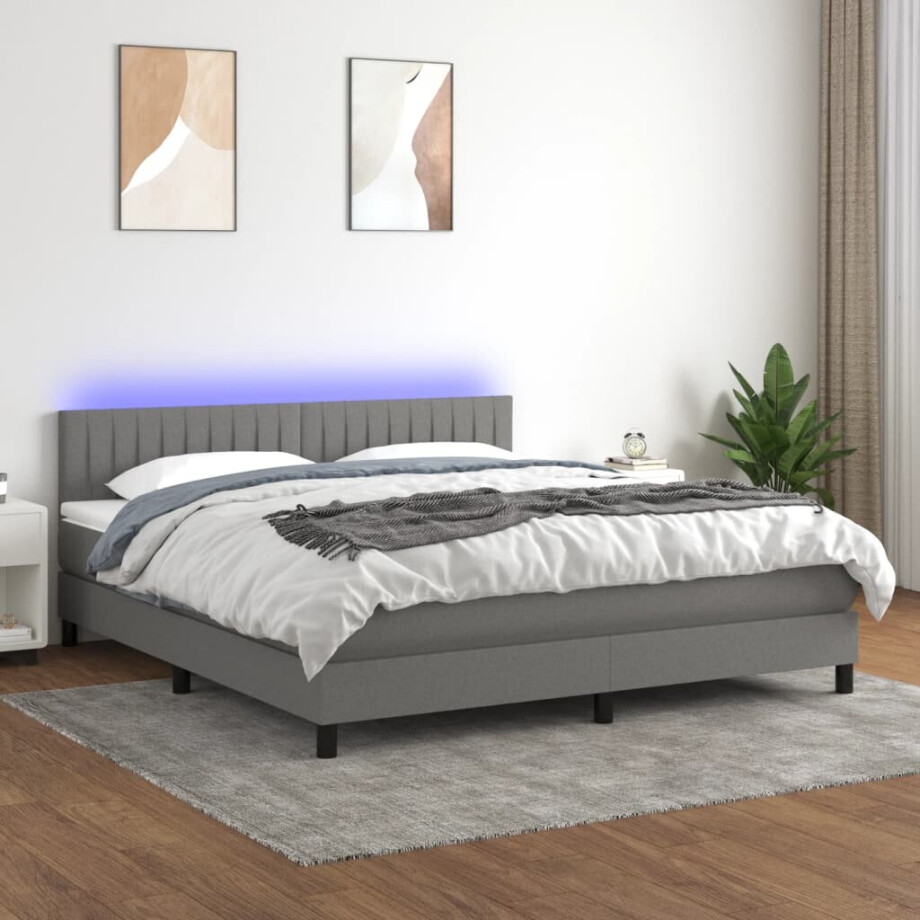 vidaXL Boxspring met matras en LED stof donkergrijs 160x200 cm vidaXL Boxspring met matras en LED stof donkergrijs 160x200 cm afbeelding 1