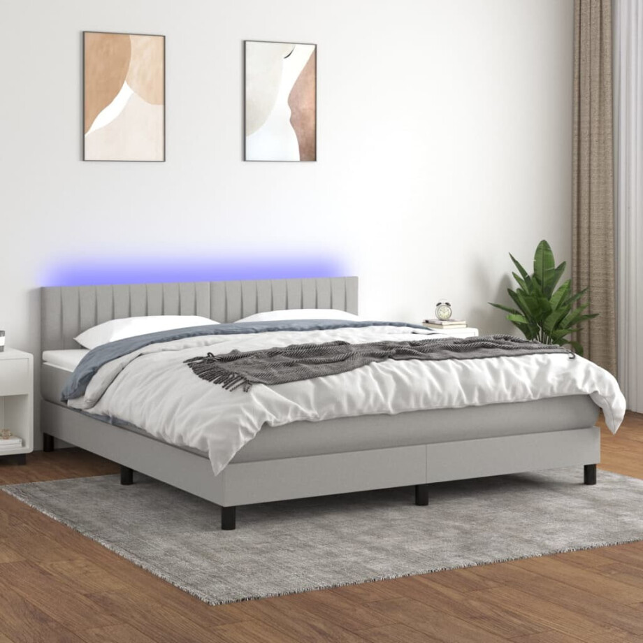 vidaXL Boxspring met matras en LED stof lichtgrijs 180x200 cm afbeelding 1