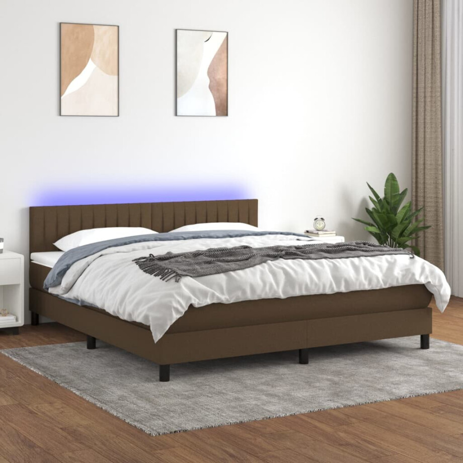 vidaXL Boxspring met matras en LED stof donkerbruin 180x200 cm afbeelding 1