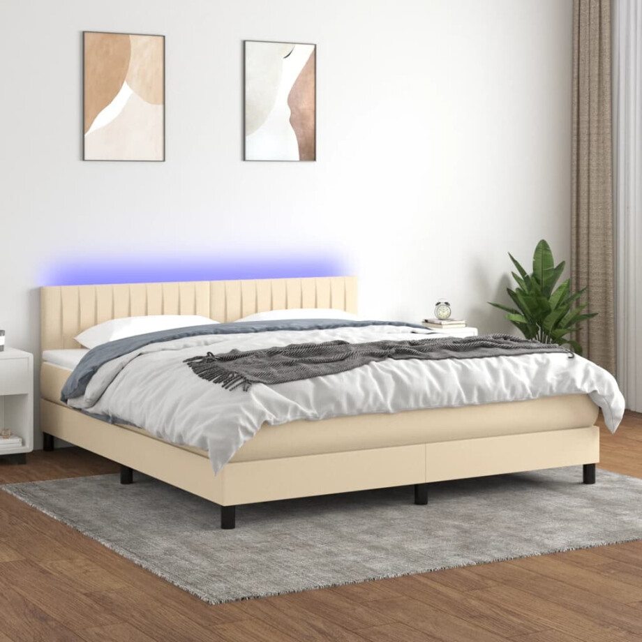 vidaXL Boxspring met matras en LED stof crèmekleurig 180x200 cm afbeelding 1