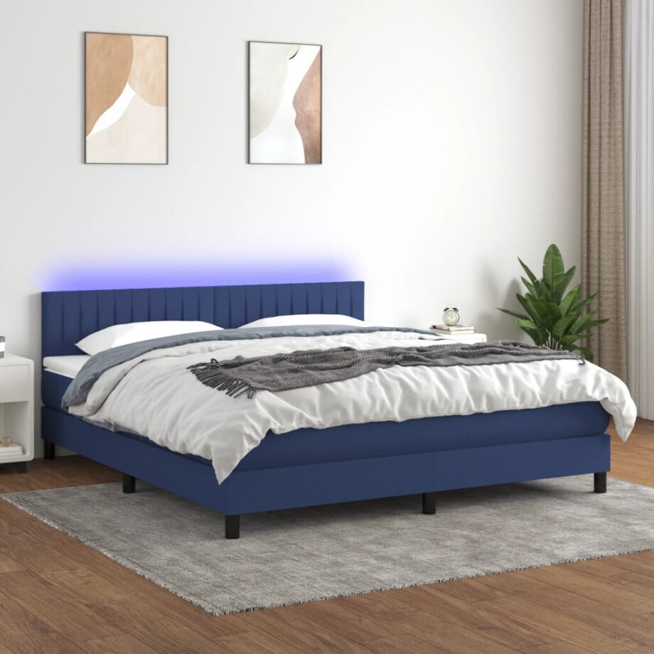 vidaXL Boxspring met matras en LED stof blauw 180x200 cm afbeelding 1