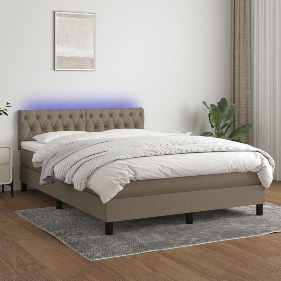vidaXL Boxspring met matras en LED stof taupe 140x190 cm afbeelding 1