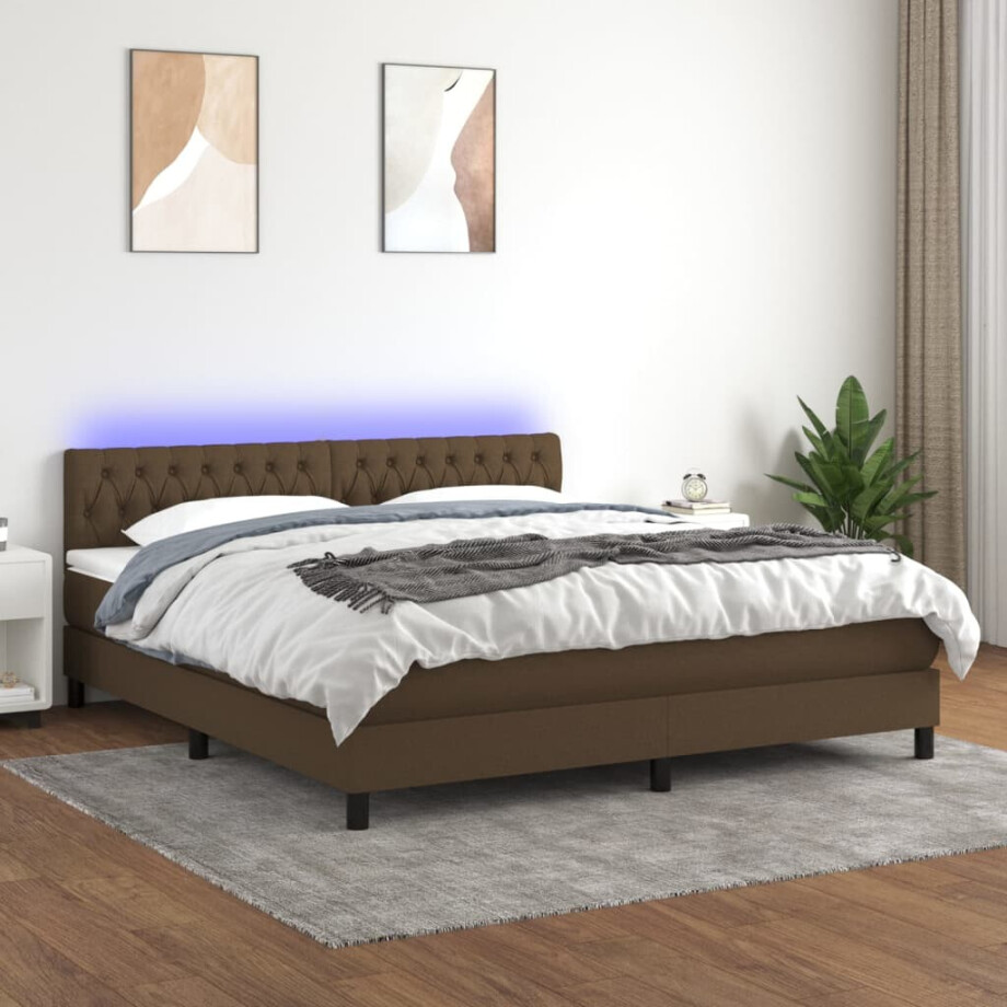 vidaXL Boxspring met matras en LED stof donkerbruin 160x200 cm afbeelding 1
