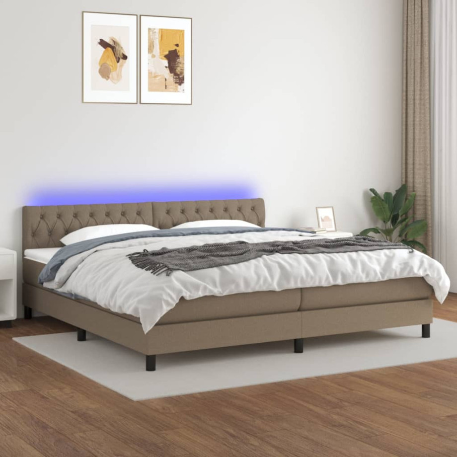 vidaXL Boxspring met matras en LED stof taupe 200x200 cm afbeelding 1