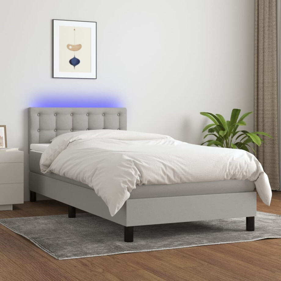 vidaXL Boxspring met matras en LED stof lichtgrijs 90x190 cm afbeelding 1