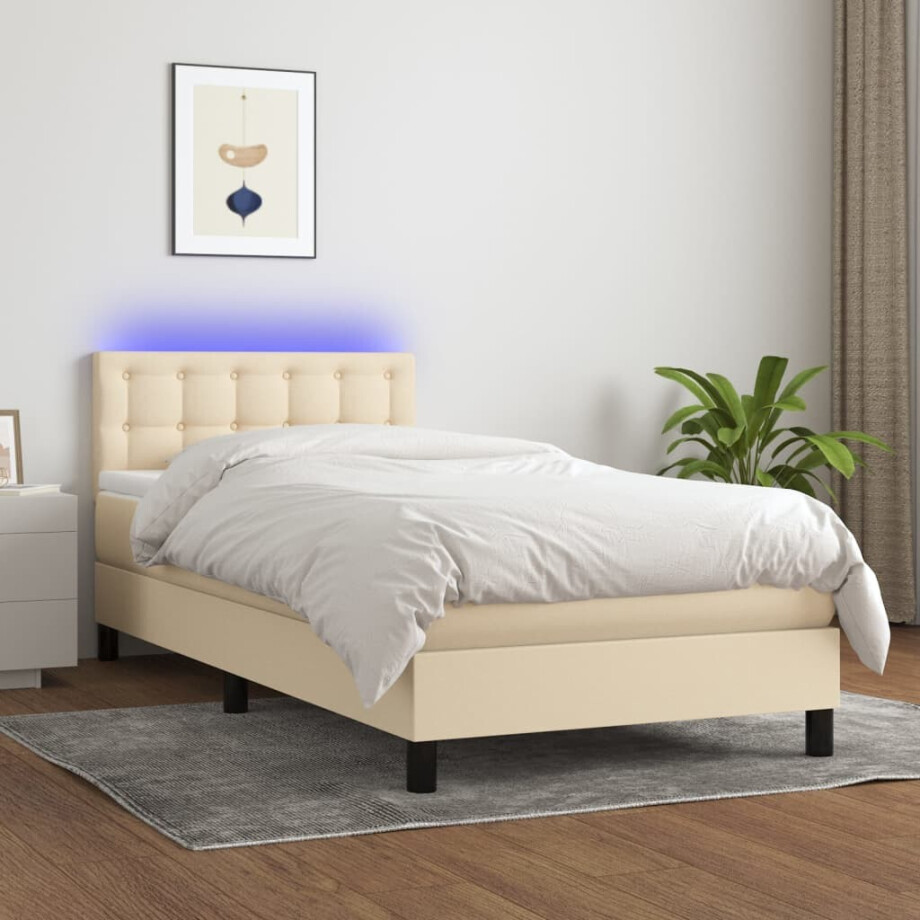 vidaXL Boxspring met matras en LED stof crèmekleurig 100x200 cm vidaXL Boxspring met matras en LED stof crèmekleurig 100x200 cm afbeelding 1