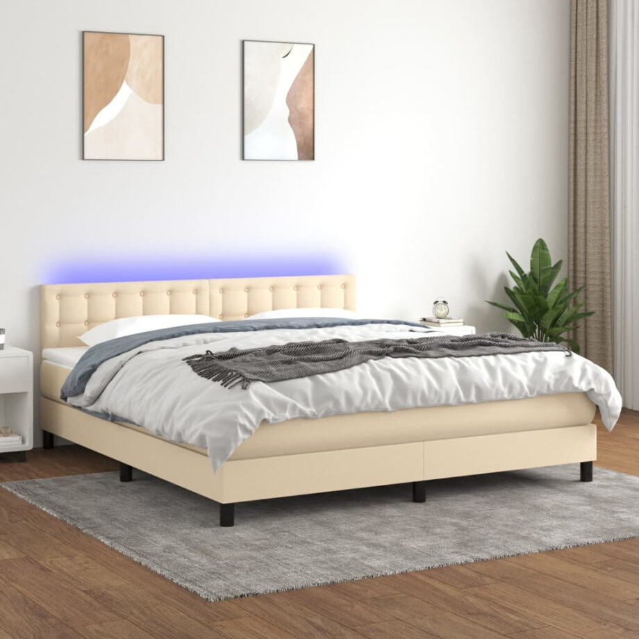 vidaXL Boxspring met matras en LED stof crèmekleurig 160x200 cm vidaXL Boxspring met matras en LED stof crèmekleurig 160x200 cm afbeelding 1