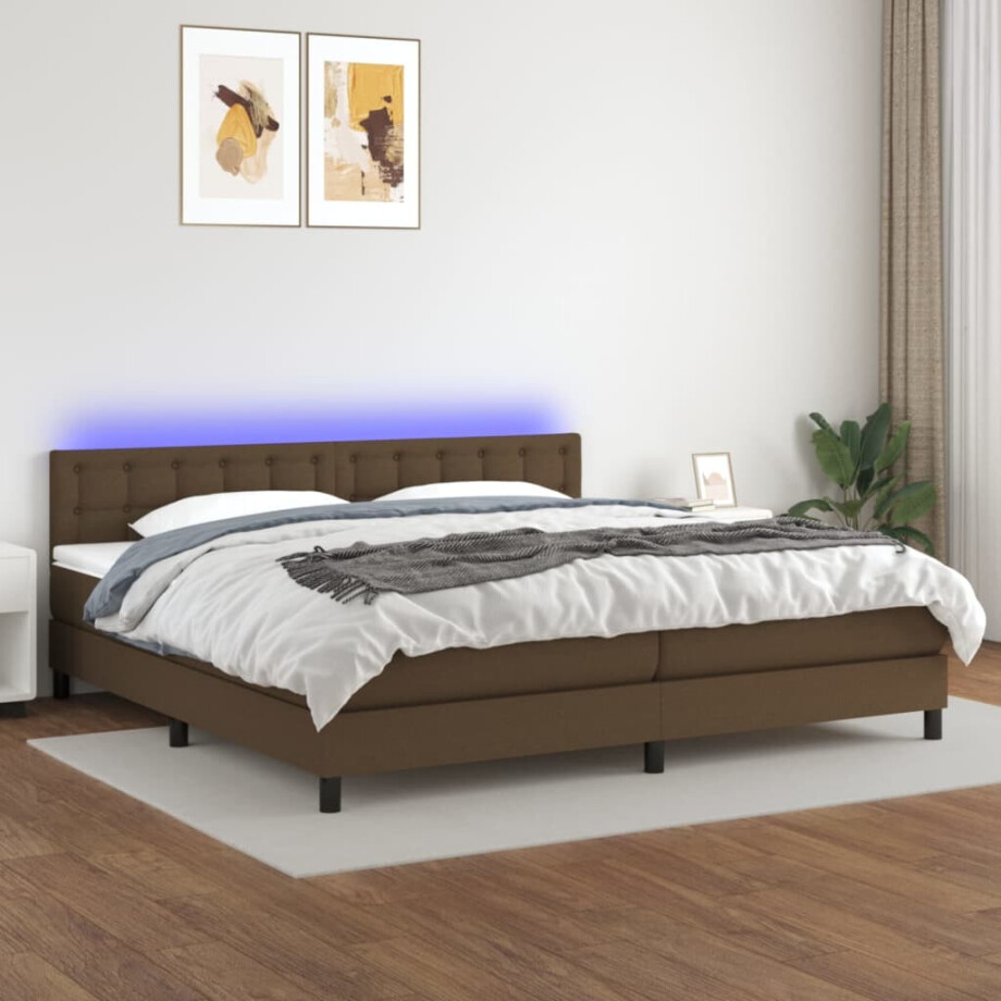 vidaXL Boxspring met matras en LED stof donkerbruin 200x200 cm afbeelding 1