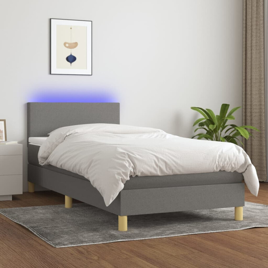 vidaXL Boxspring met matras en LED stof donkergrijs 90x190 cm vidaXL Boxspring met matras en LED stof donkergrijs 90x190 cm afbeelding 1
