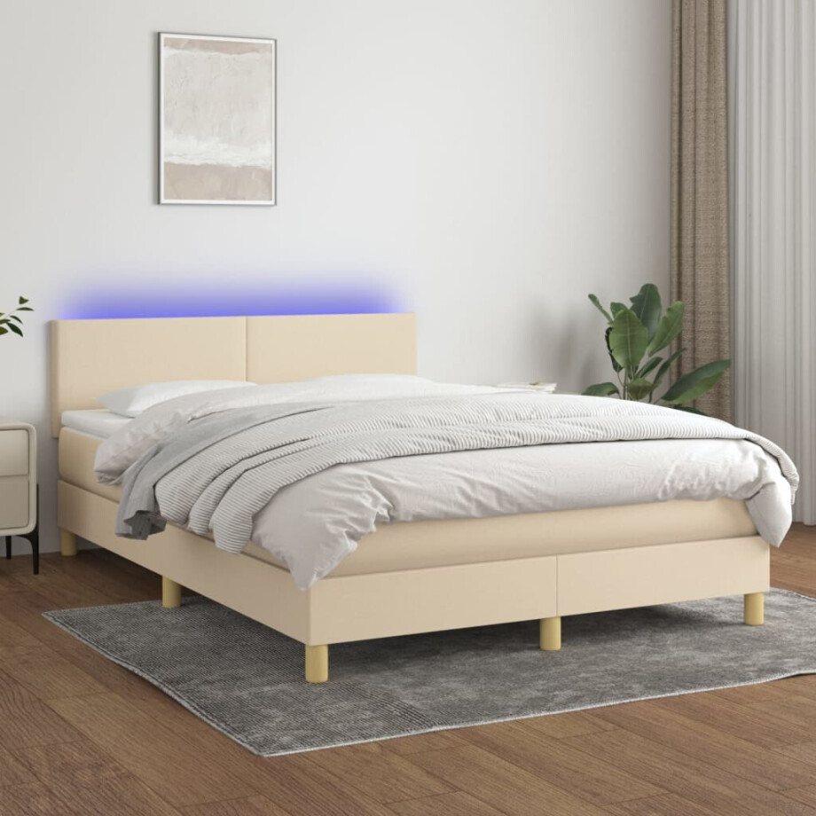 vidaXL Boxspring met matras en LED stof crèmekleurig 140x200 cm afbeelding 1