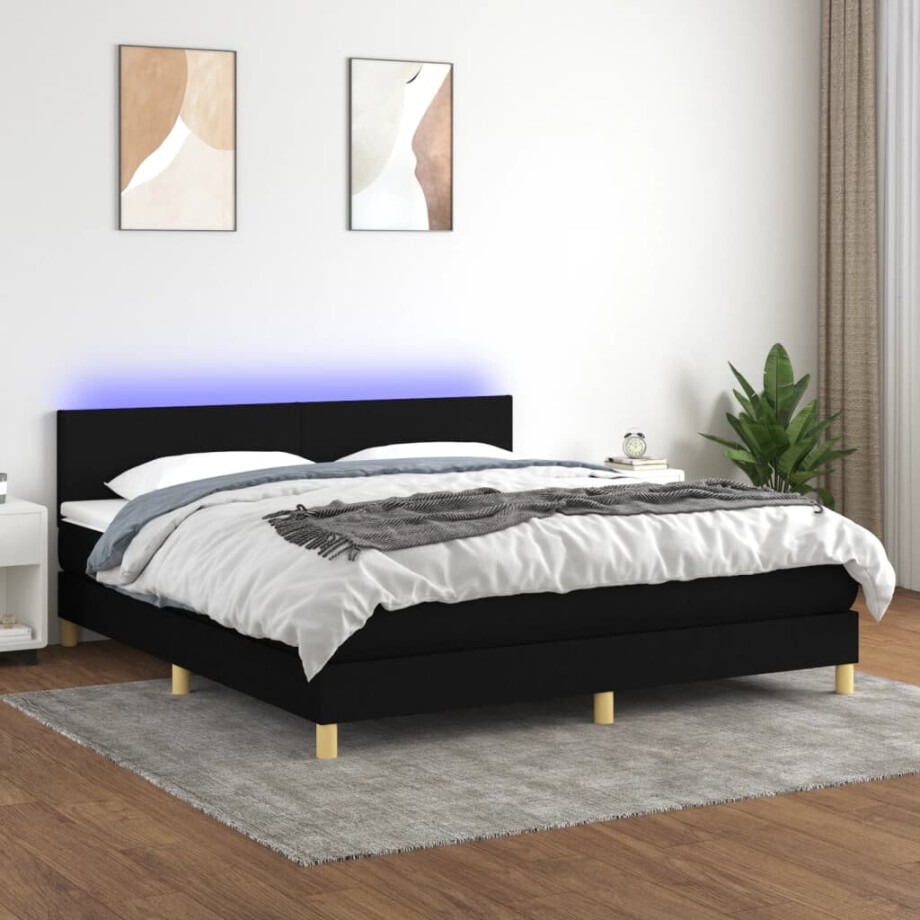 vidaXL Boxspring met matras en LED stof zwart 160x200 cm afbeelding 1