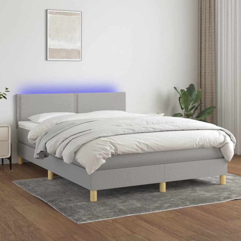 vidaXL Boxspring met matras en LED stof lichtgrijs 140x200 cm afbeelding 1