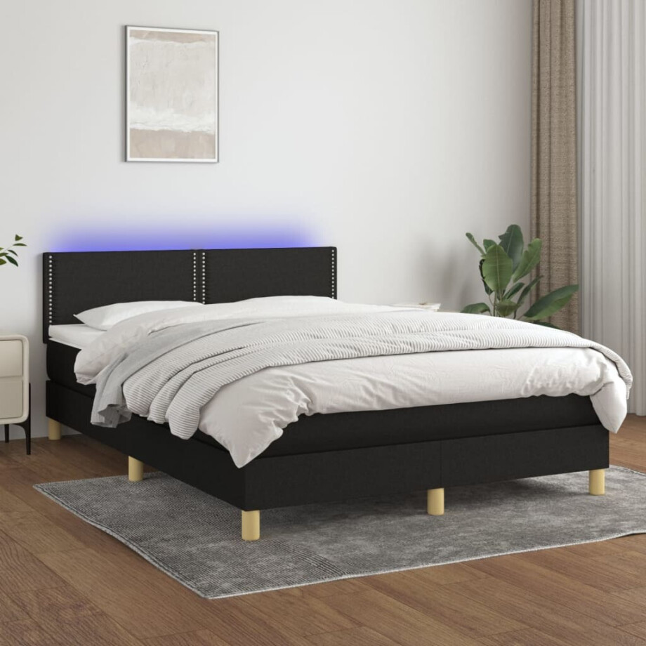 vidaXL Boxspring met matras en LED stof zwart 140x200 cm afbeelding 1