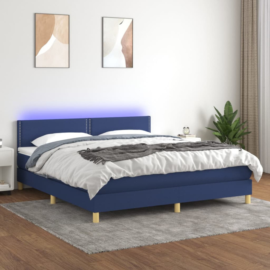 vidaXL Boxspring met matras en LED stof blauw 180x200 cm afbeelding 1