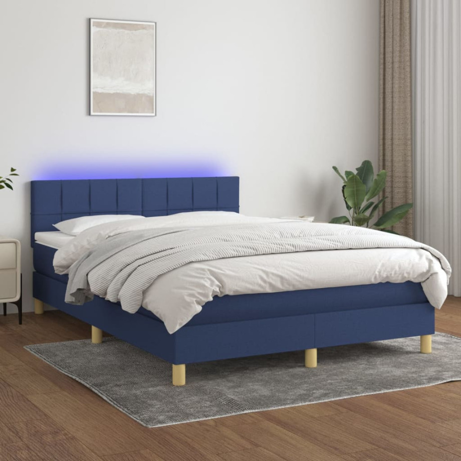 vidaXL Boxspring met matras en LED stof blauw 140x190 cm afbeelding 1