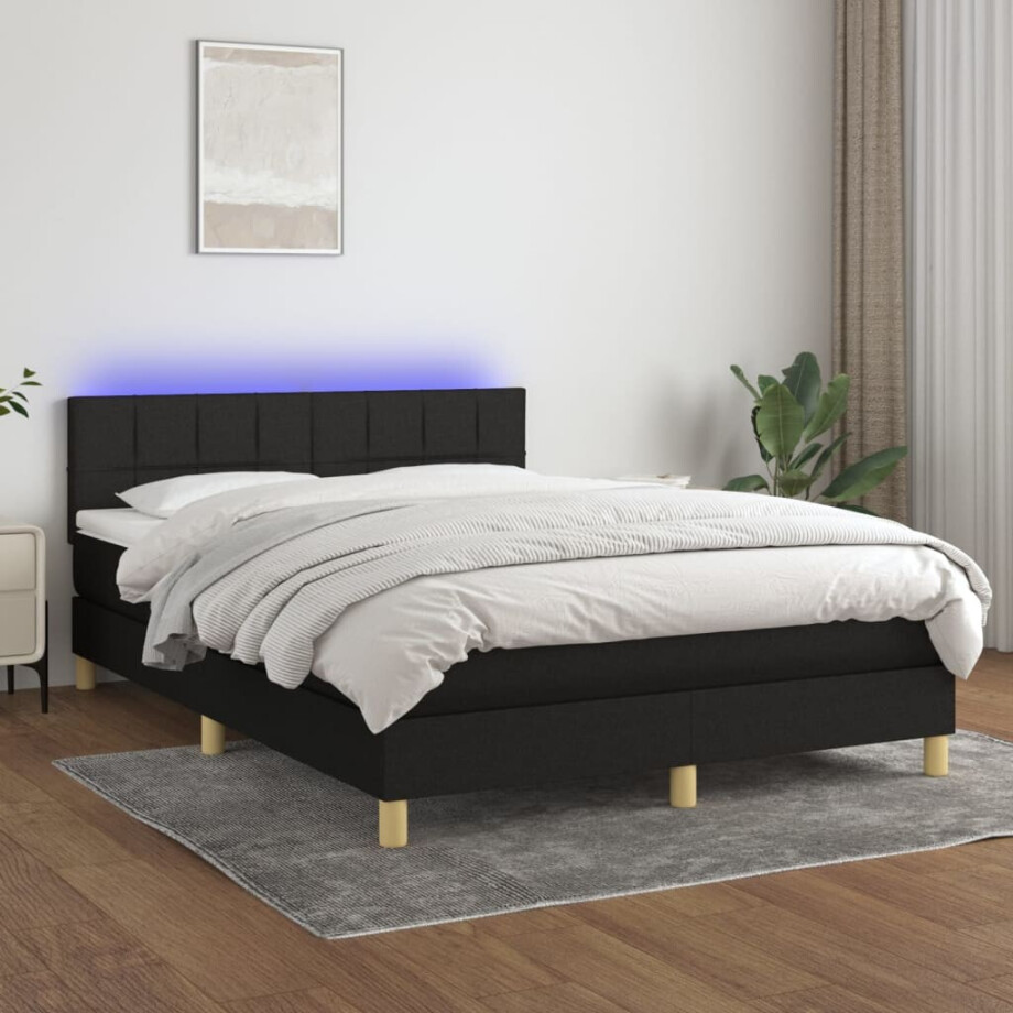 vidaXL Boxspring met matras en LED stof zwart 140x200 cm afbeelding 1