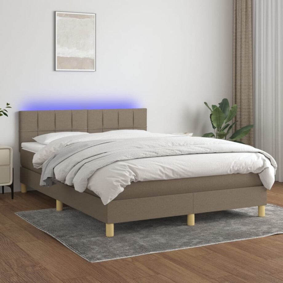 vidaXL Boxspring met matras en LED stof taupe 140x200 cm afbeelding 1
