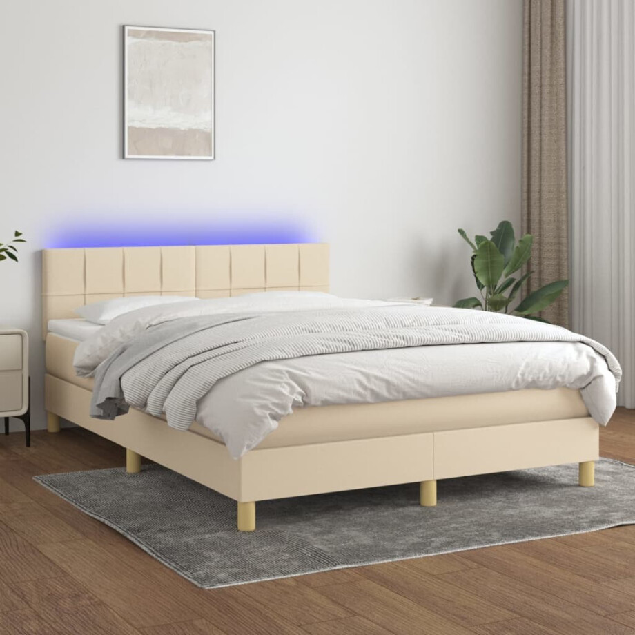 vidaXL Boxspring met matras en LED stof crèmekleurig 140x200 cm afbeelding 1