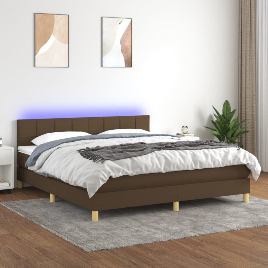 vidaXL Boxspring met matras en LED stof donkerbruin 160x200 cm afbeelding 1