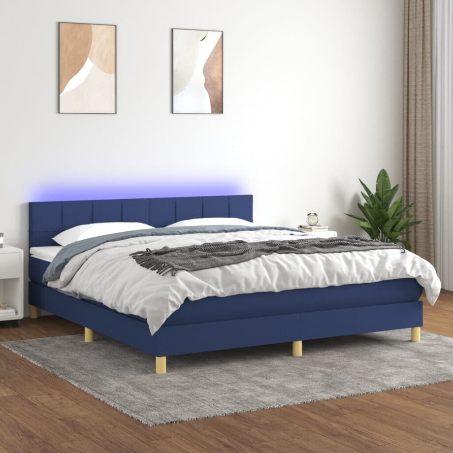 vidaXL Boxspring met matras en LED stof blauw 160x200 cm afbeelding 1