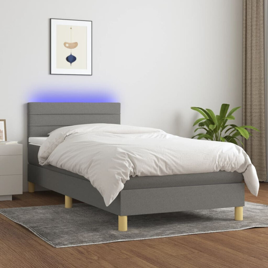 vidaXL Boxspring met matras en LED stof donkergrijs 90x190 cm afbeelding 1