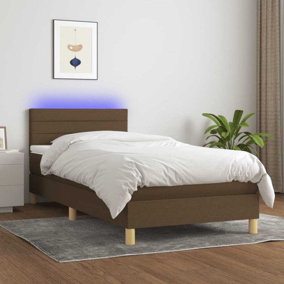 vidaXL Boxspring met matras en LED stof donkerbruin 90x190 cm afbeelding 1