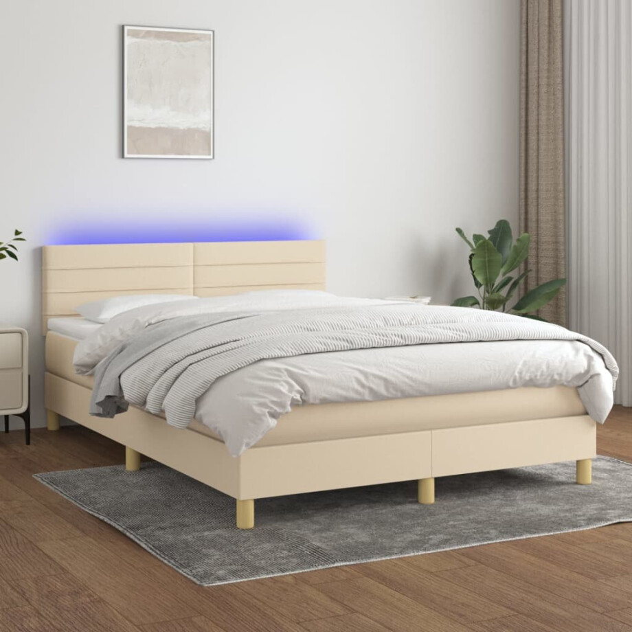 vidaXL Boxspring met matras en LED stof crèmekleurig 140x200 cm afbeelding 1