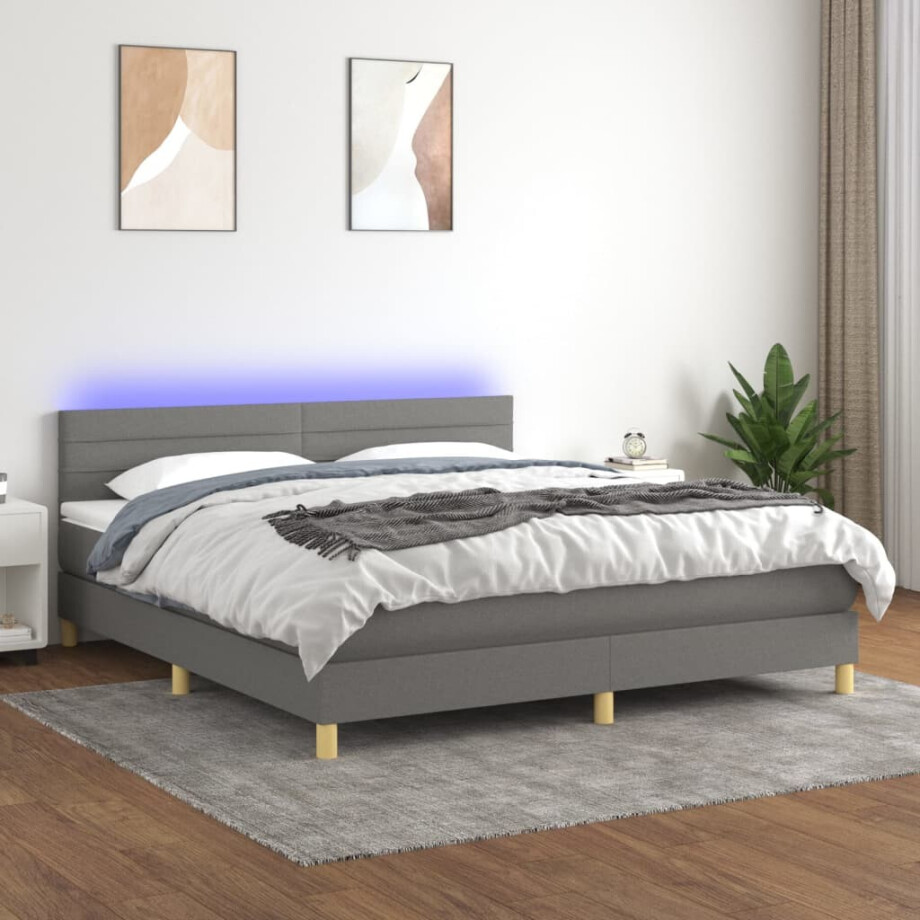 vidaXL Boxspring met matras en LED stof donkergrijs 160x200 cm afbeelding 1
