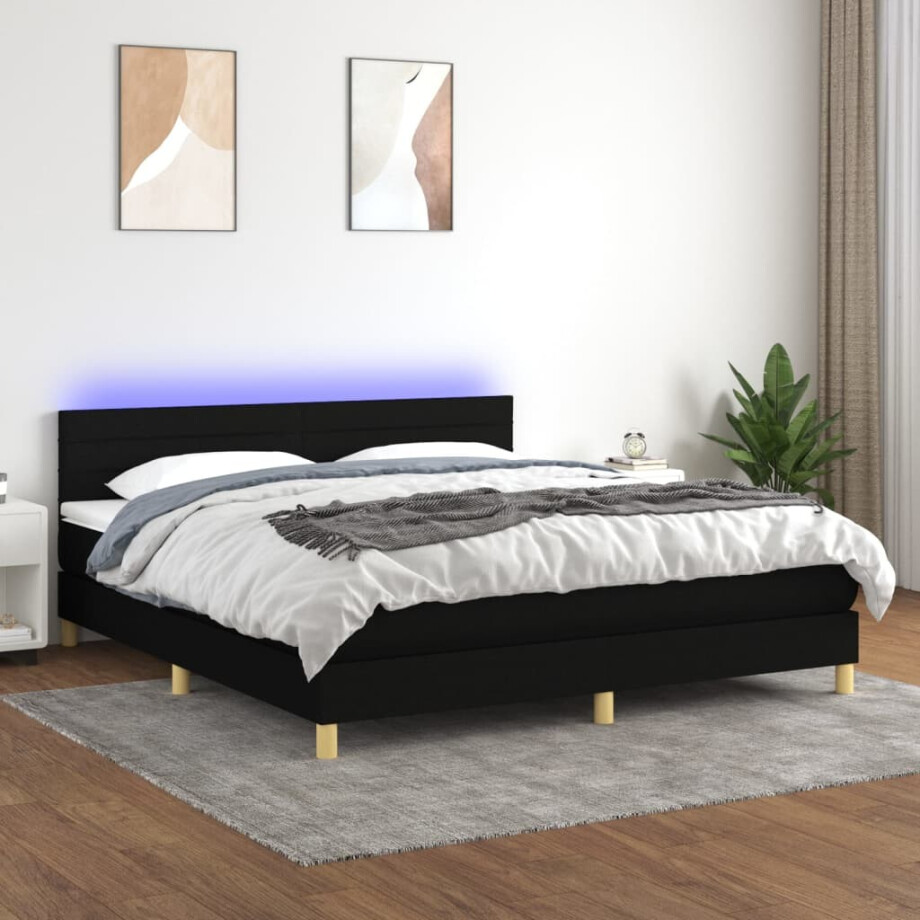 vidaXL Boxspring met matras en LED stof zwart 160x200 cm vidaXL Boxspring met matras en LED stof zwart 160x200 cm afbeelding 1