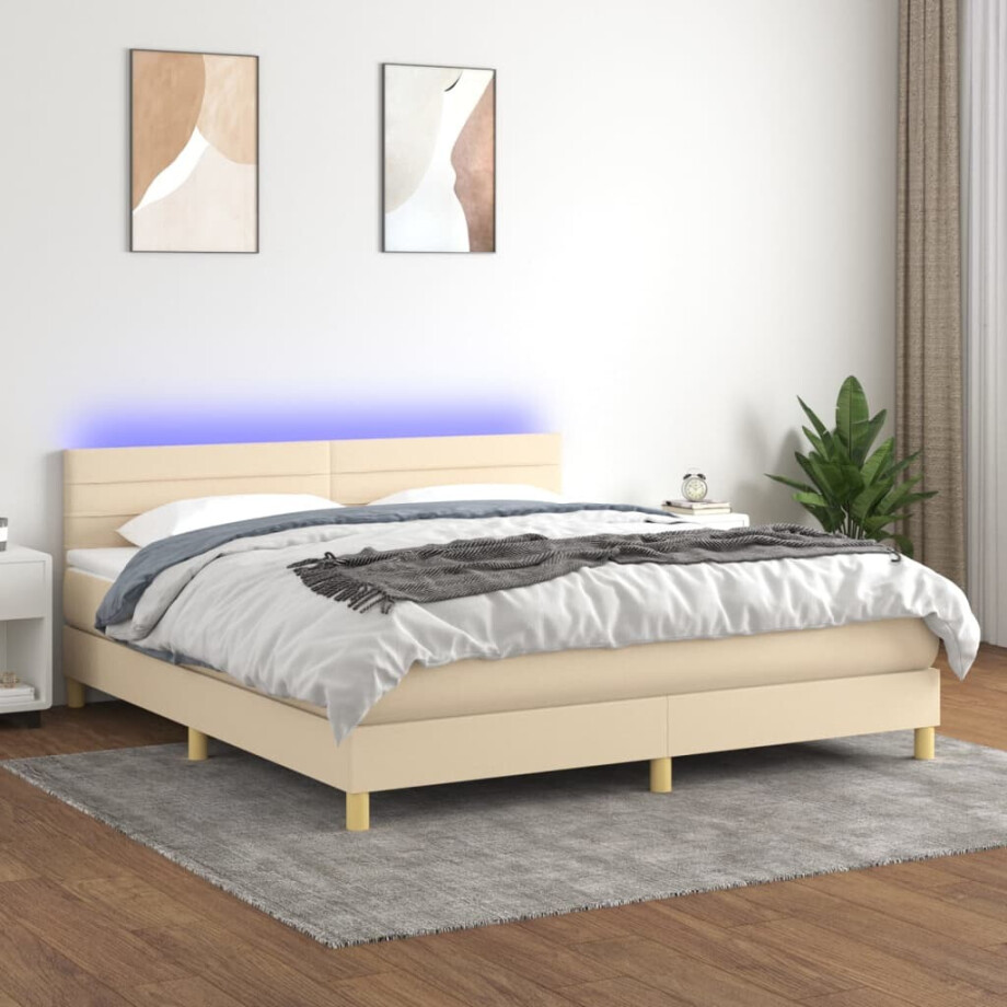 vidaXL Boxspring met matras en LED stof crèmekleurig 160x200 cm vidaXL Boxspring met matras en LED stof crèmekleurig 160x200 cm afbeelding 1