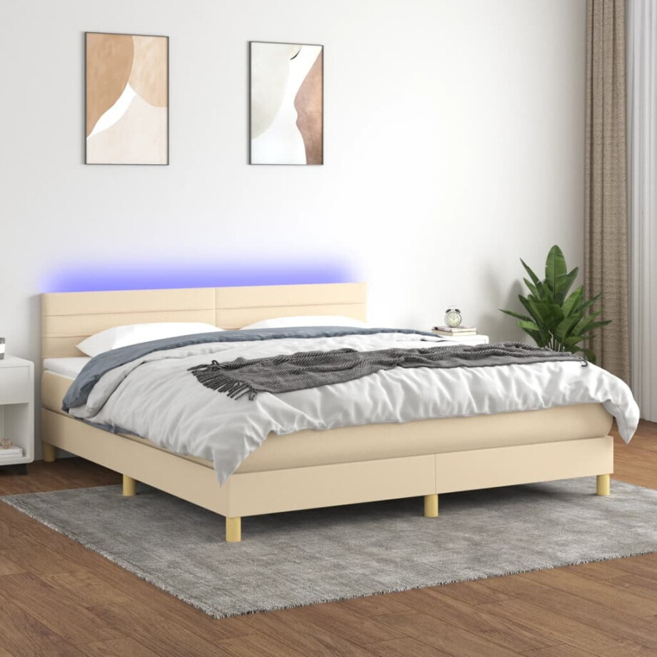 vidaXL Boxspring met matras en LED stof crèmekleurig 180x200 cm vidaXL Boxspring met matras en LED stof crèmekleurig 180x200 cm afbeelding 1