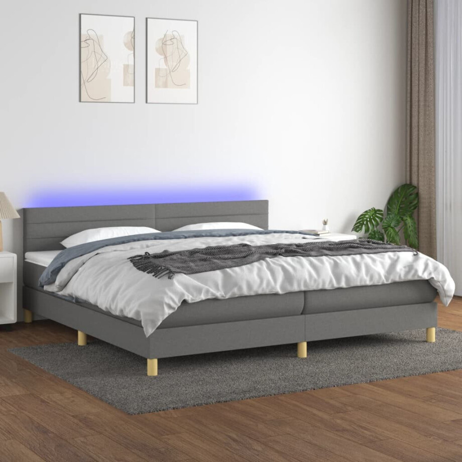 vidaXL Boxspring met matras en LED stof donkergrijs 200x200 cm afbeelding 1