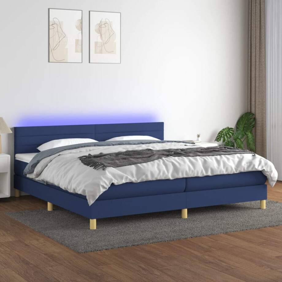 vidaXL Boxspring met matras en LED stof blauw 200x200 cm afbeelding 1