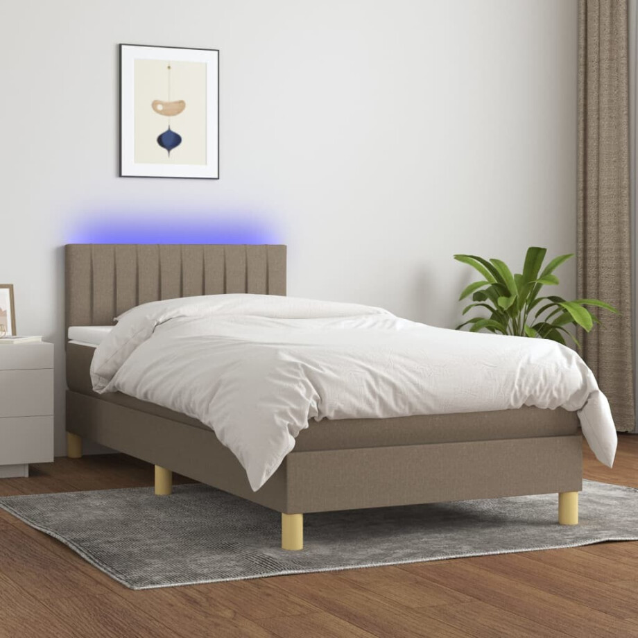 vidaXL Boxspring met matras en LED stof taupe 100x200 cm afbeelding 1
