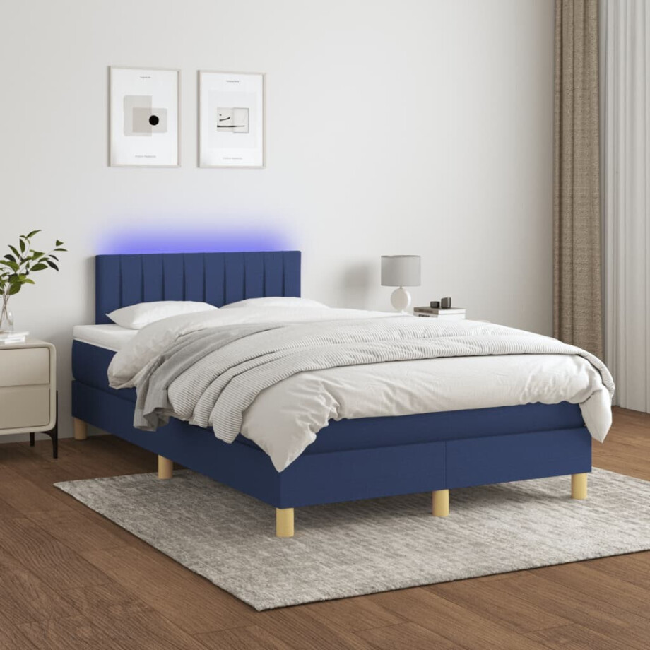 vidaXL Boxspring met matras en LED stof blauw 120x200 cm afbeelding 1
