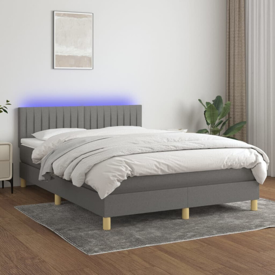 vidaXL Boxspring met matras en LED stof donkergrijs 140x190 cm afbeelding 1