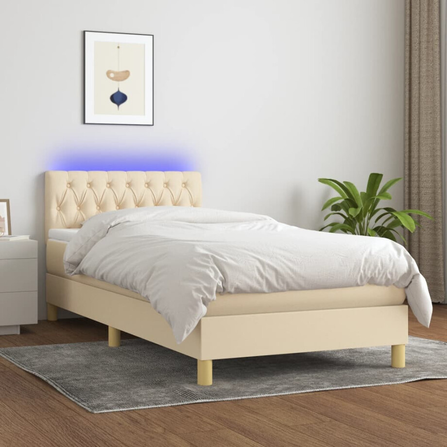 vidaXL Boxspring met matras en LED stof crèmekleurig 90x190 cm afbeelding 1