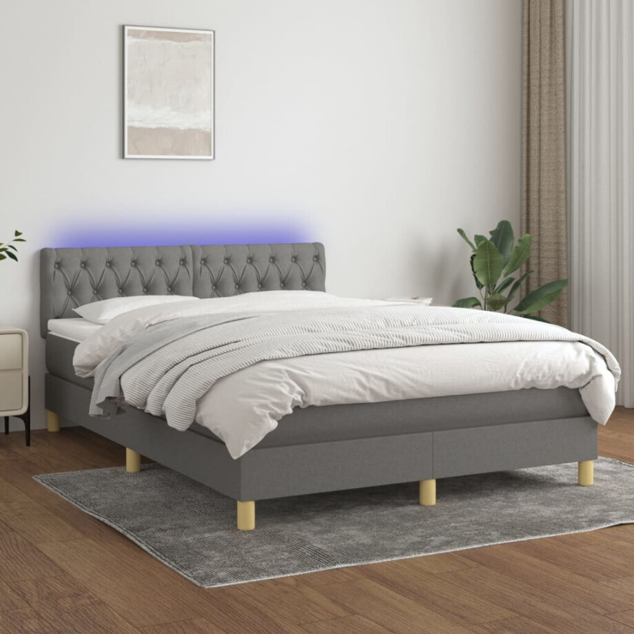 vidaXL Boxspring met matras en LED stof donkergrijs 140x200 cm vidaXL Boxspring met matras en LED stof donkergrijs 140x200 cm afbeelding 1