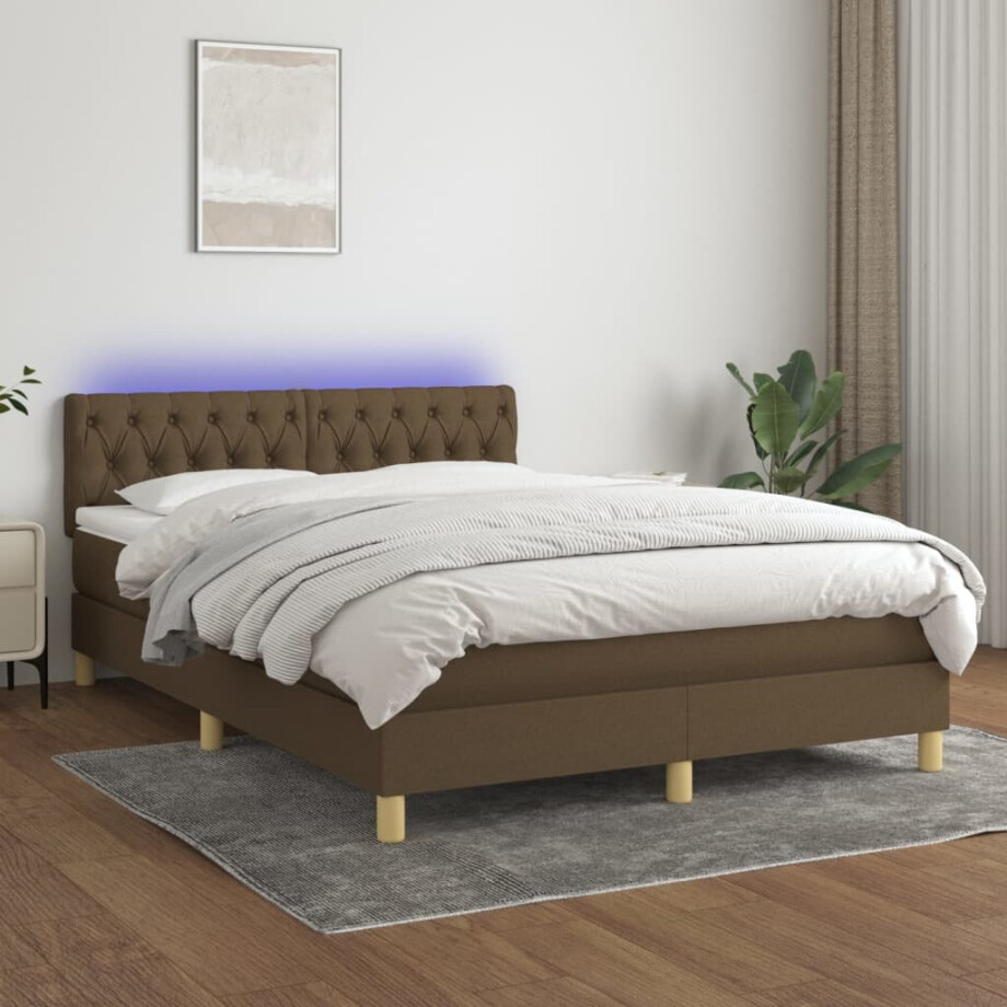 vidaXL Boxspring met matras en LED stof donkerbruin 140x200 cm vidaXL Boxspring met matras en LED stof donkerbruin 140x200 cm afbeelding 1