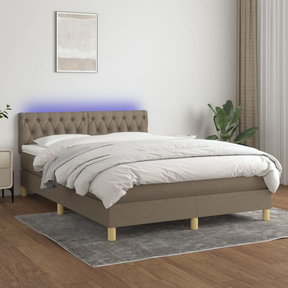 vidaXL Boxspring met matras en LED stof taupe 140x200 cm afbeelding 1