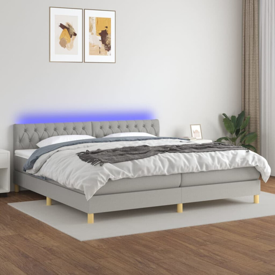 vidaXL Boxspring met matras en LED stof lichtgrijs 200x200 cm afbeelding 1