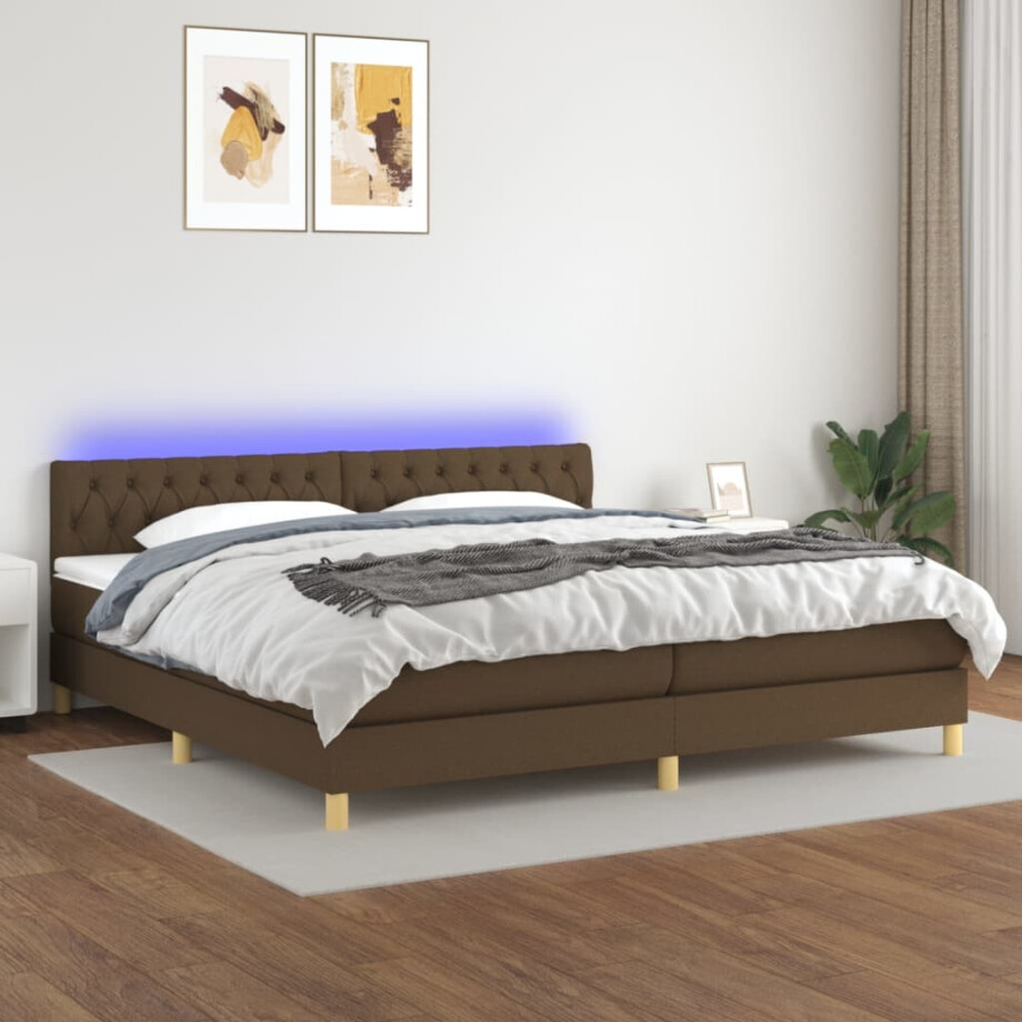 vidaXL Boxspring met matras en LED stof donkerbruin 200x200 cm afbeelding 1