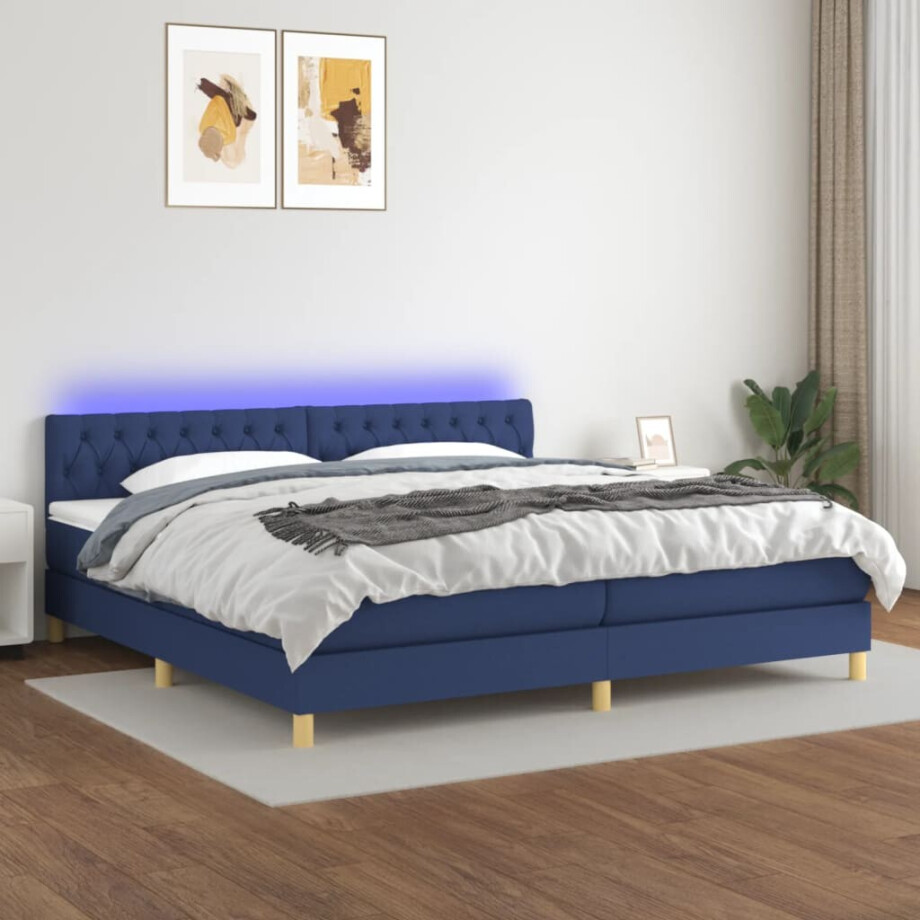 vidaXL Boxspring met matras en LED stof blauw 200x200 cm afbeelding 1