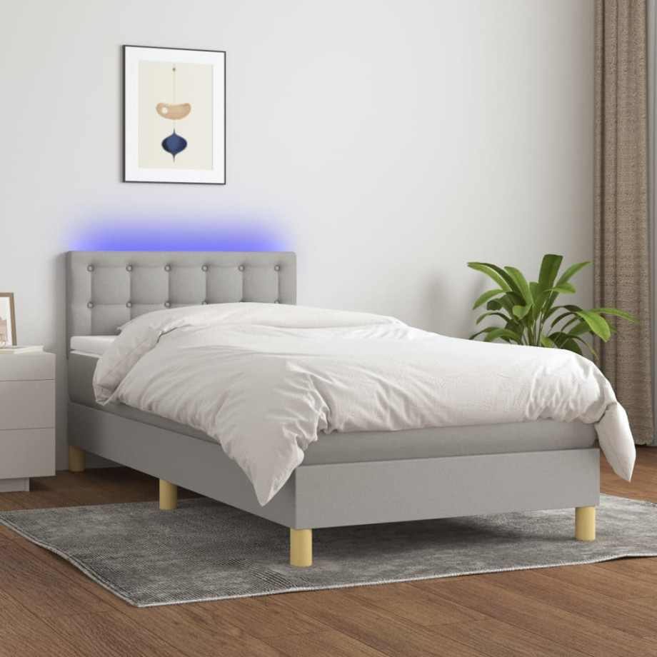 vidaXL Boxspring met matras en LED stof lichtgrijs 90x190 cm afbeelding 1