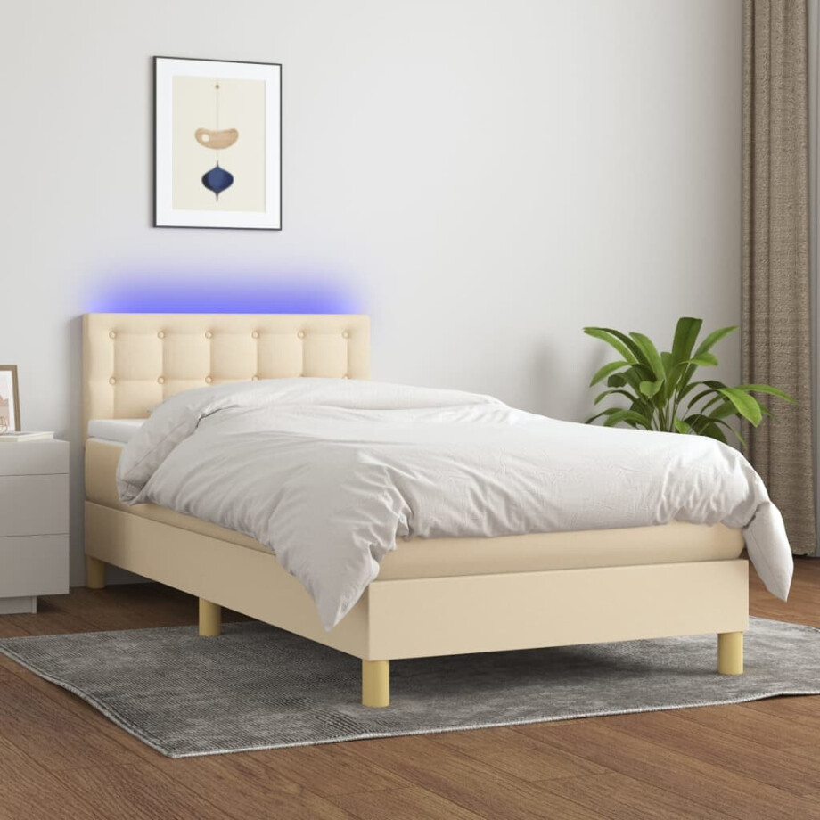 vidaXL Boxspring met matras en LED stof crèmekleurig 90x190 cm afbeelding 1