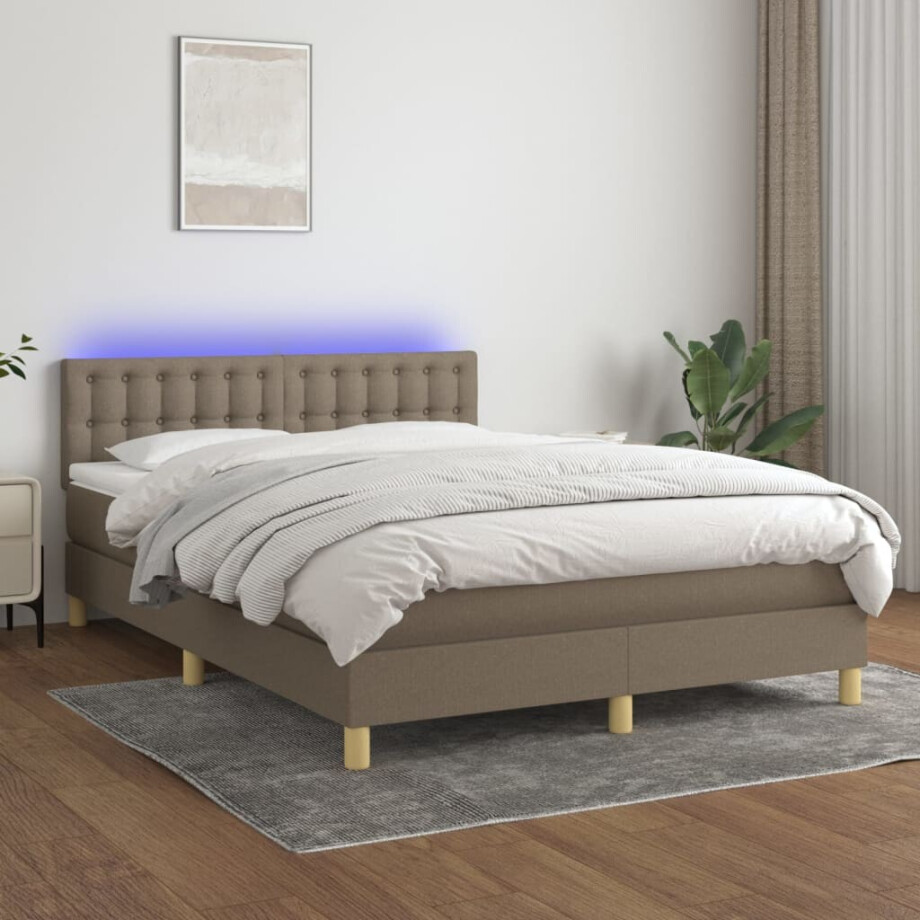 vidaXL Boxspring met matras en LED stof taupe 140x190 cm afbeelding 1